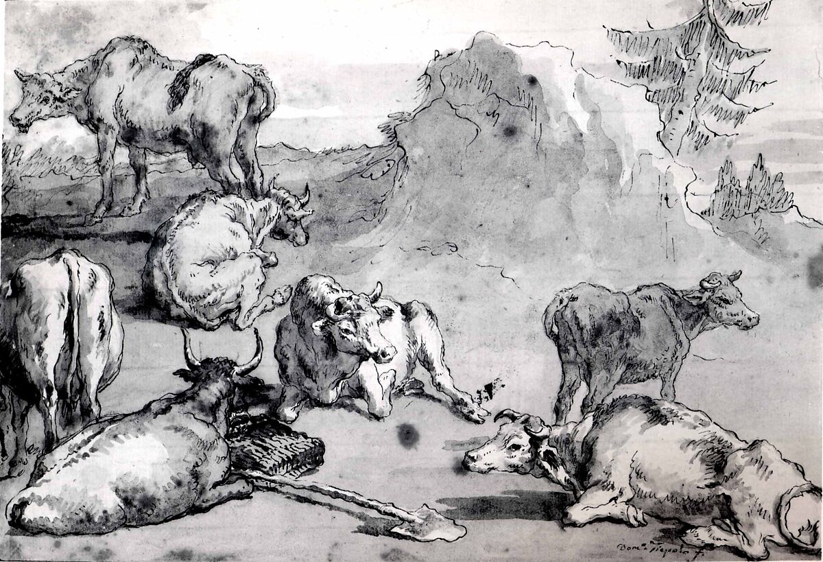 Cattle in a Landscape, Giovanni Domenico Tiepolo (Italian, Venice 1727–1804 Venice), Pen and brown ink, brown wash, over black chalk