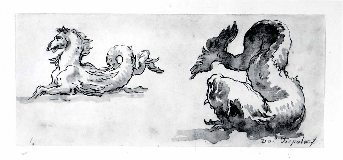 A Sea Horse and a Dolphin, Giovanni Domenico Tiepolo (Italian, Venice 1727–1804 Venice), Pen and brown ink, brown wash, over traces of black chalk