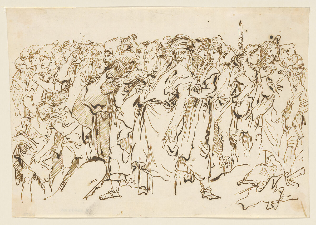 A Crowd of Ancient Warriors, Orientals, and Two Boys, Gathering for a Sacrifice, Giovanni Domenico Tiepolo (Italian, Venice 1727–1804 Venice), Pen and brown ink 