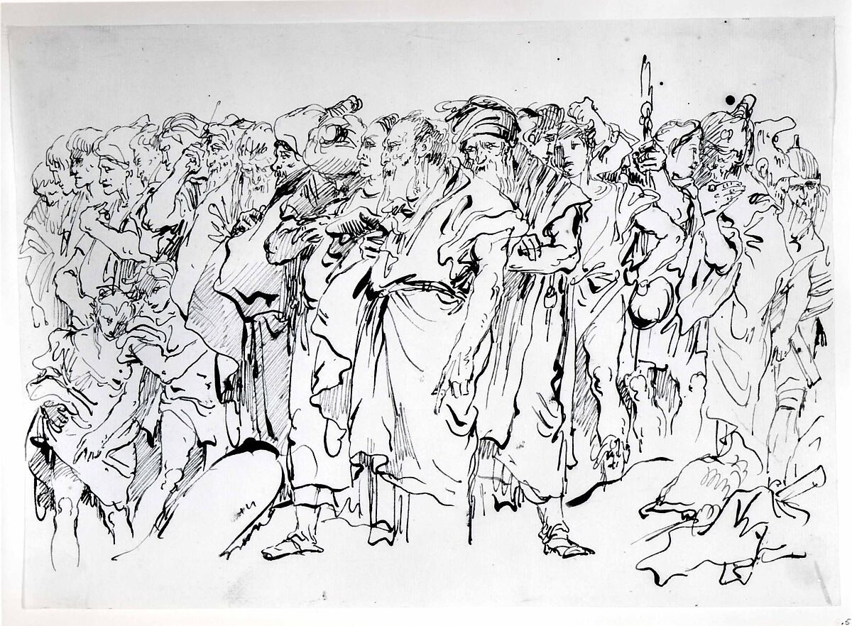 A Crowd of Ancient Warriors, Orientals, and Two Boys, Gathering for a Sacrifice, Giovanni Domenico Tiepolo (Italian, Venice 1727–1804 Venice), Pen and brown ink