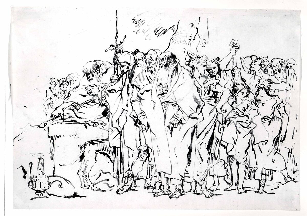 A Crowd of Persons in Antique Roman or Oriental Dress, Gathering at a Pagan Altar, Giovanni Domenico Tiepolo (Italian, Venice 1727–1804 Venice), Pen and brown ink