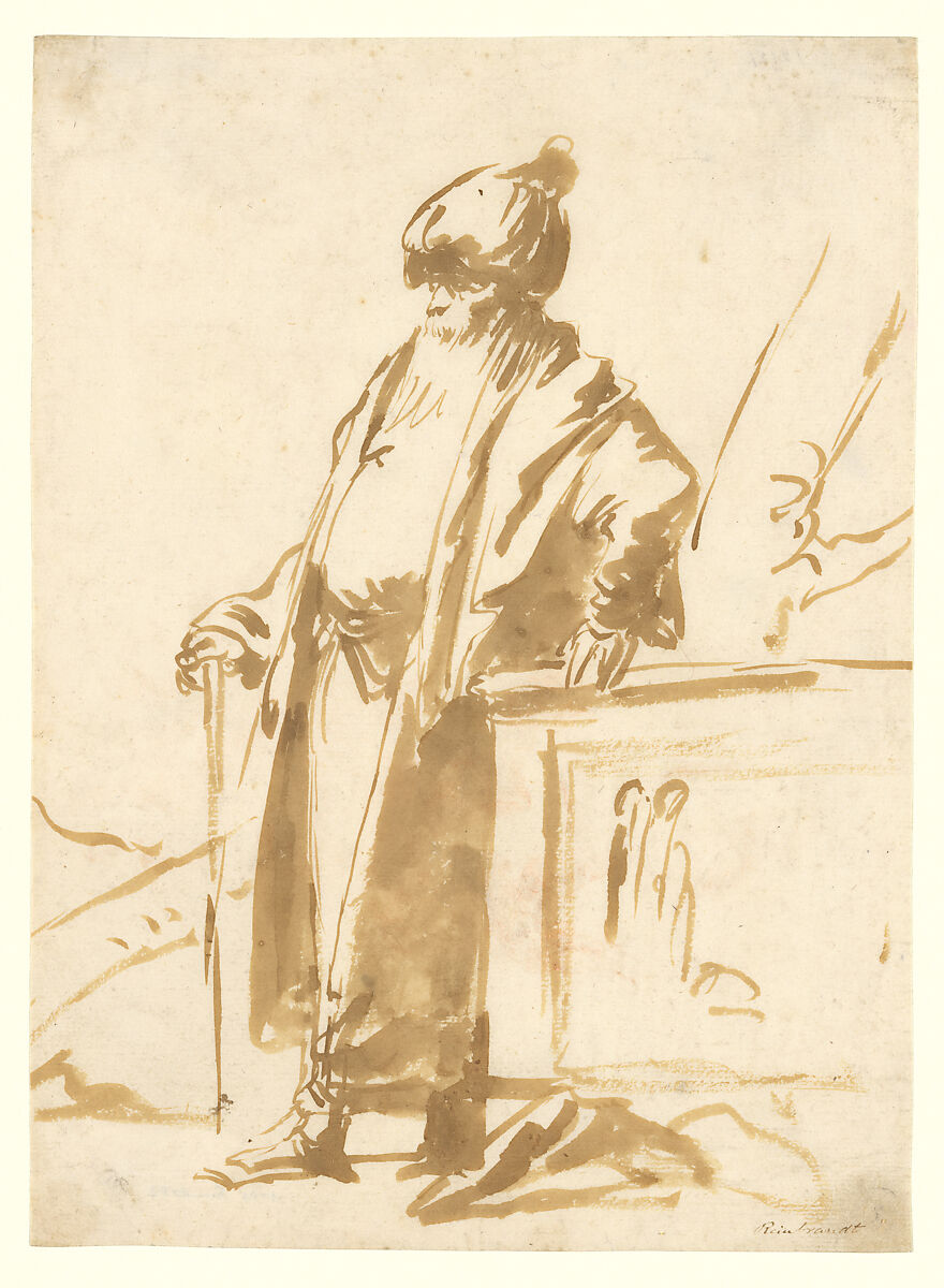 An Old Man in Oriental Dress, Standing by a Pagan Altar, Giovanni Domenico Tiepolo (Italian, Venice 1727–1804 Venice), Point of the brush and brown ink 