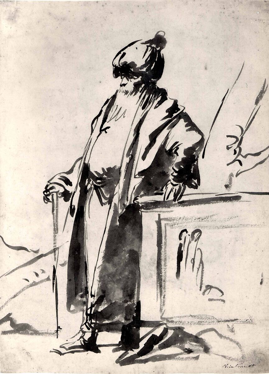 An Old Man in Oriental Dress, Standing by a Pagan Altar, Giovanni Domenico Tiepolo (Italian, Venice 1727–1804 Venice), Point of the brush and brown ink