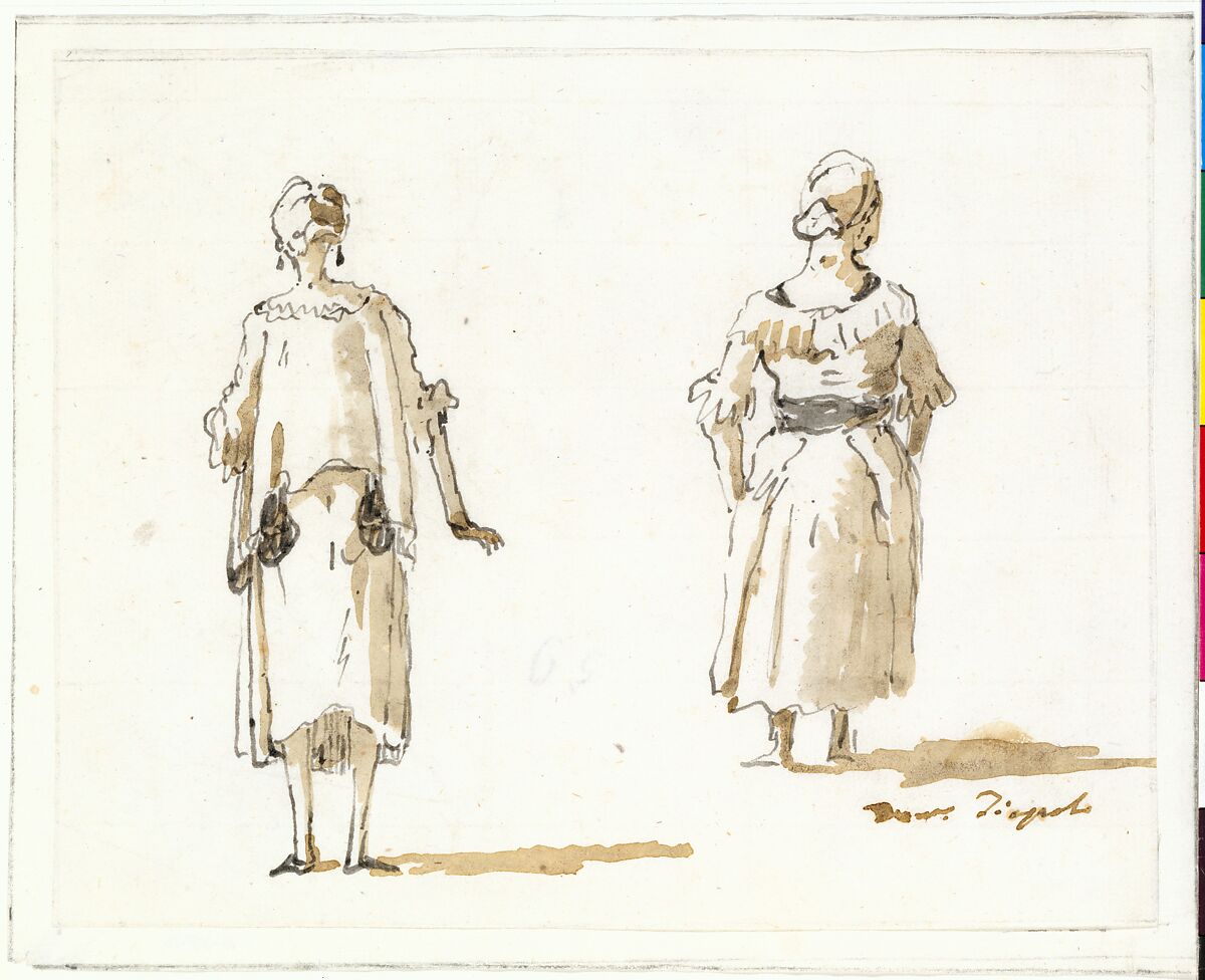 Caricature of Two Women Seen From Behind, Giovanni Domenico Tiepolo (Italian, Venice 1727–1804 Venice), Pen and gray ink, brown and gray wash 
