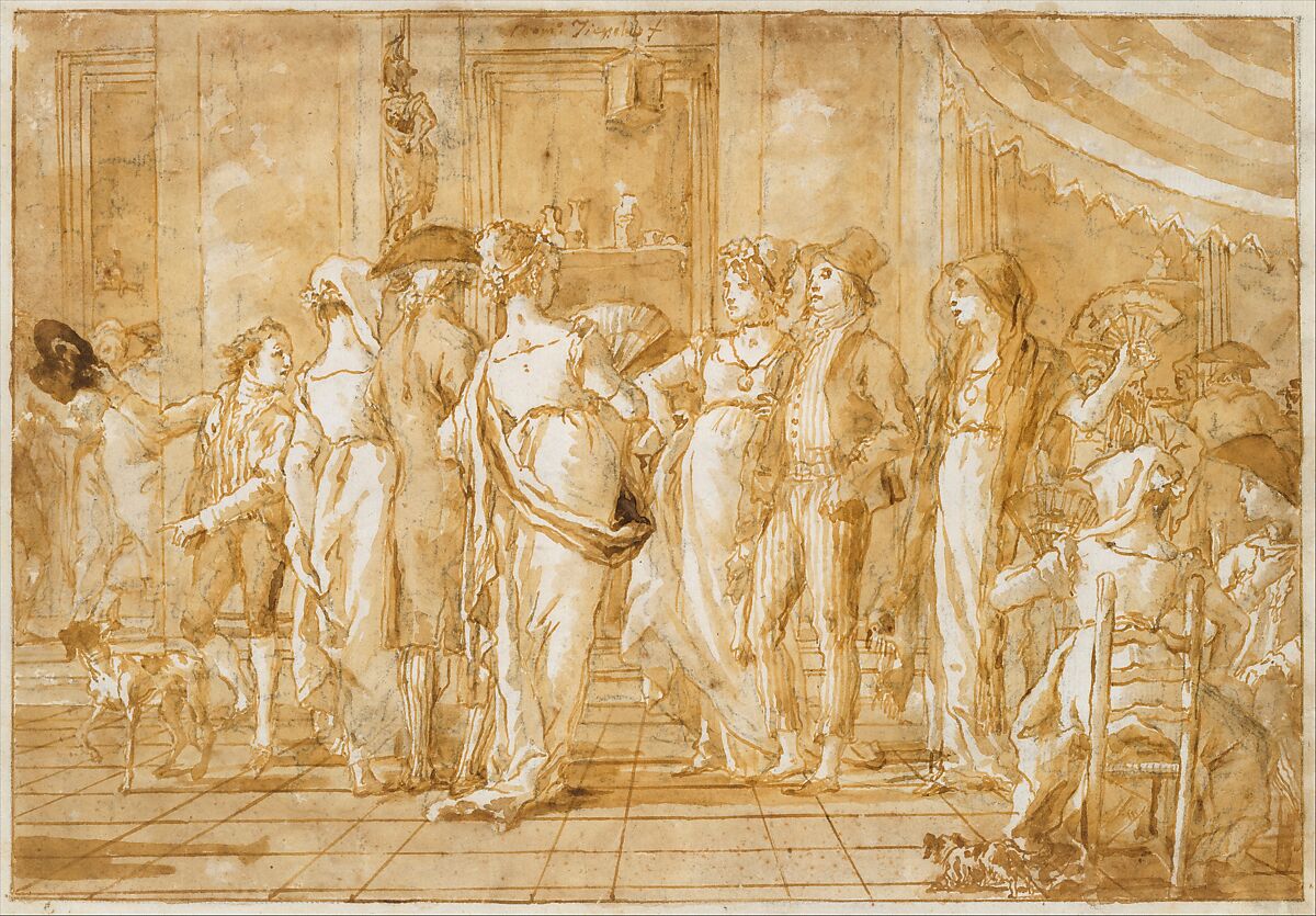 "In Piazza", Giovanni Domenico Tiepolo (Italian, Venice 1727–1804 Venice), Pen and brown ink, brown wash, over black chalk