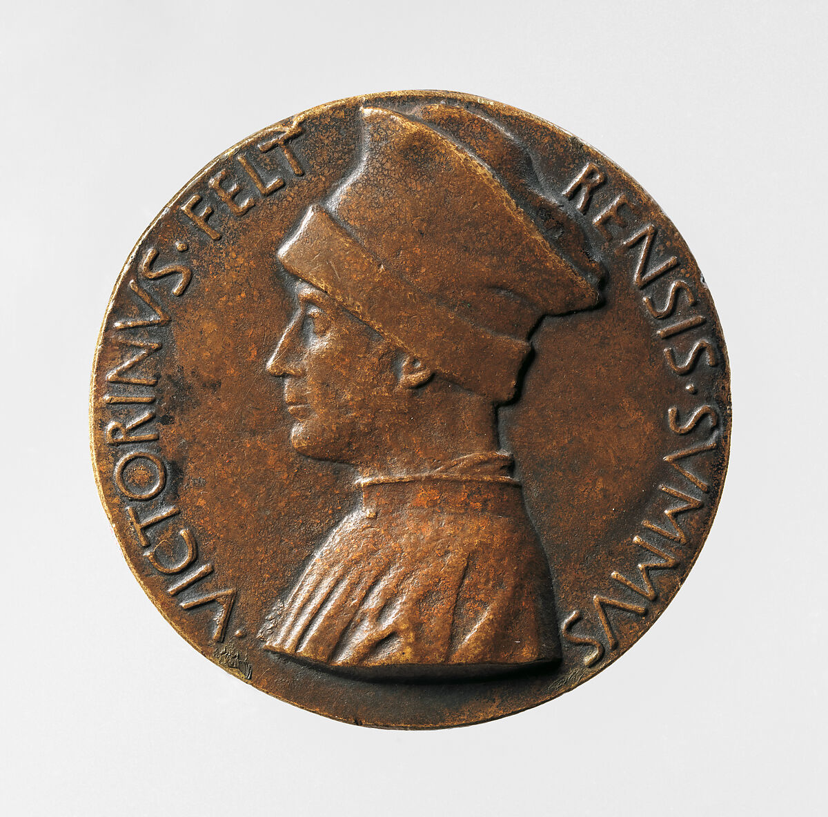 Portrait medal of Vittorino Rambaldoni da Feltre (obverse); A Pelican (reverse), Pisanello (Antonio Pisano) (Italian, Pisa or Verona by 1395–1455), Bronze (yellowish copper alloy with brown patina and traces of black lacquer or wax) 
