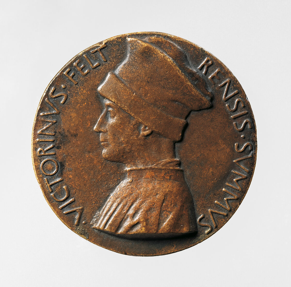 Portrait medal of Vittorino Rambaldoni da Feltre (obverse); A Pelican (reverse), Pisanello (Antonio Pisano)  Italian, Bronze (yellowish copper alloy with brown patina and traces of black lacquer or wax)