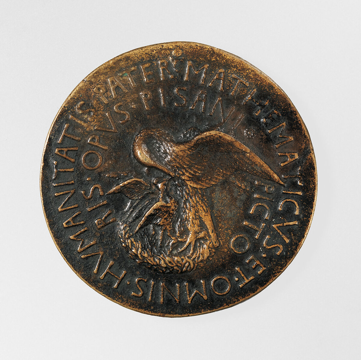 Portrait medal of Vittorino Rambaldoni da Feltre (obverse); A Pelican (reverse), Pisanello (Antonio Pisano) (Italian, Pisa or Verona by 1395–1455), Bronze (yellowish copper alloy with brown patina and traces of black lacquer or wax)