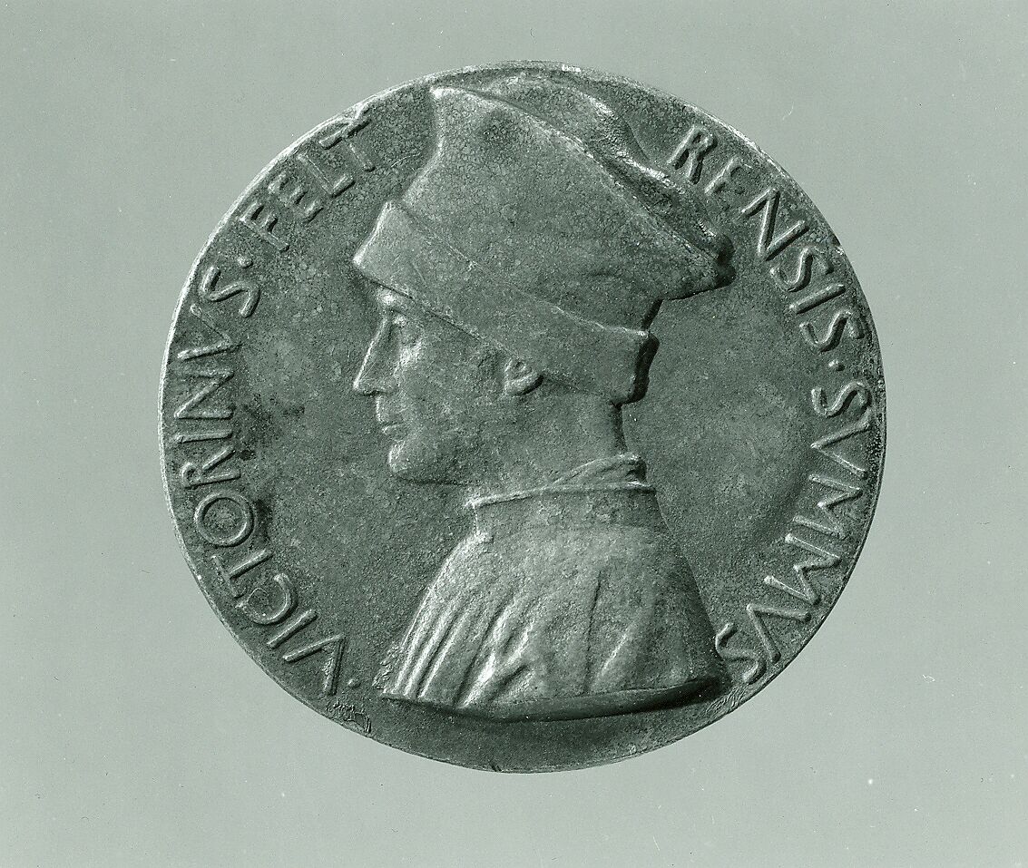 Portrait medal of Vittorino Rambaldoni da Feltre (obverse); A Pelican (reverse), Pisanello (Antonio Pisano) (Italian, Pisa or Verona by 1395–1455), Bronze (yellowish copper alloy with brown patina and traces of black lacquer or wax)