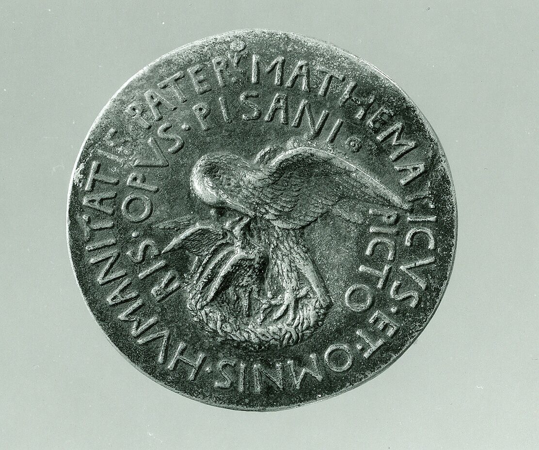 Portrait medal of Vittorino Rambaldoni da Feltre (obverse); A Pelican (reverse), Pisanello (Antonio Pisano) (Italian, Pisa or Verona by 1395–1455), Bronze (yellowish copper alloy with brown patina and traces of black lacquer or wax)
