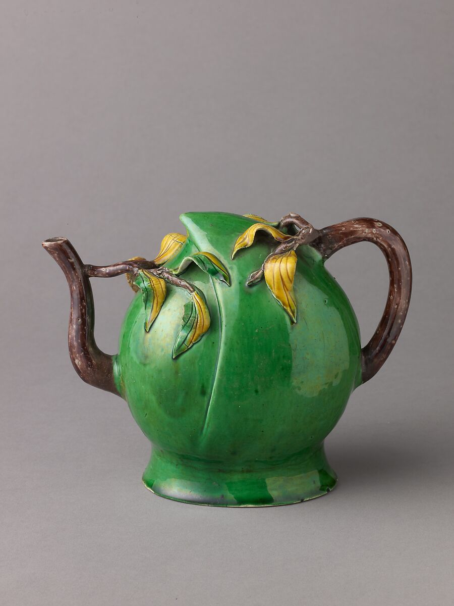 Peach-Shaped Wine Pot or Tea Pot, Chinese  , Qing Dynasty, Later Transitional Period, Porcelain with relief decoration under polychrome glazes., Chinese 