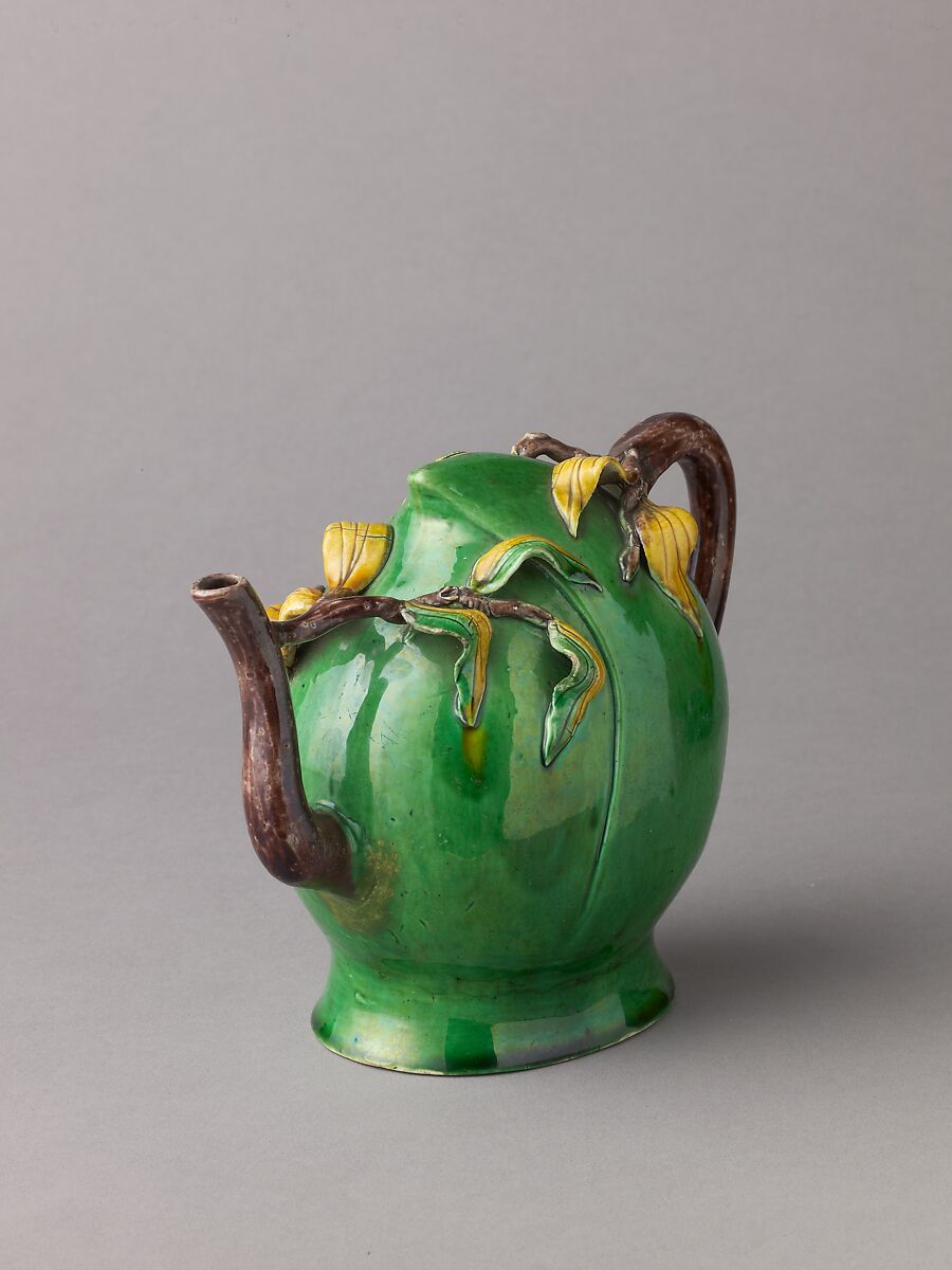 Peach-Shaped Wine Pot or Tea Pot, Chinese  , Qing Dynasty, Later Transitional Period, Porcelain with relief decoration under polychrome glazes., Chinese