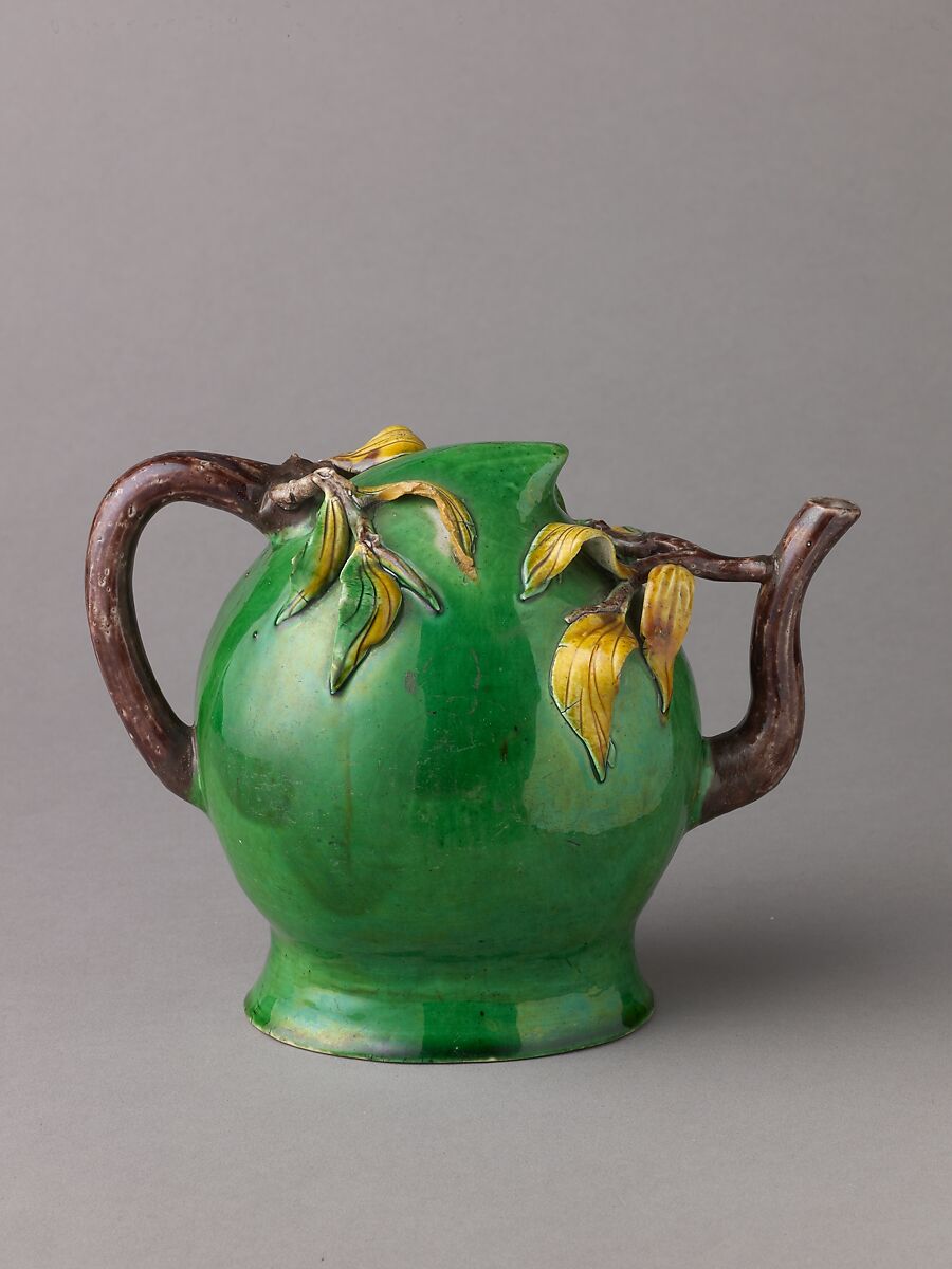 Peach-Shaped Wine Pot or Tea Pot, Chinese  , Qing Dynasty, Later Transitional Period, Porcelain with relief decoration under polychrome glazes., Chinese