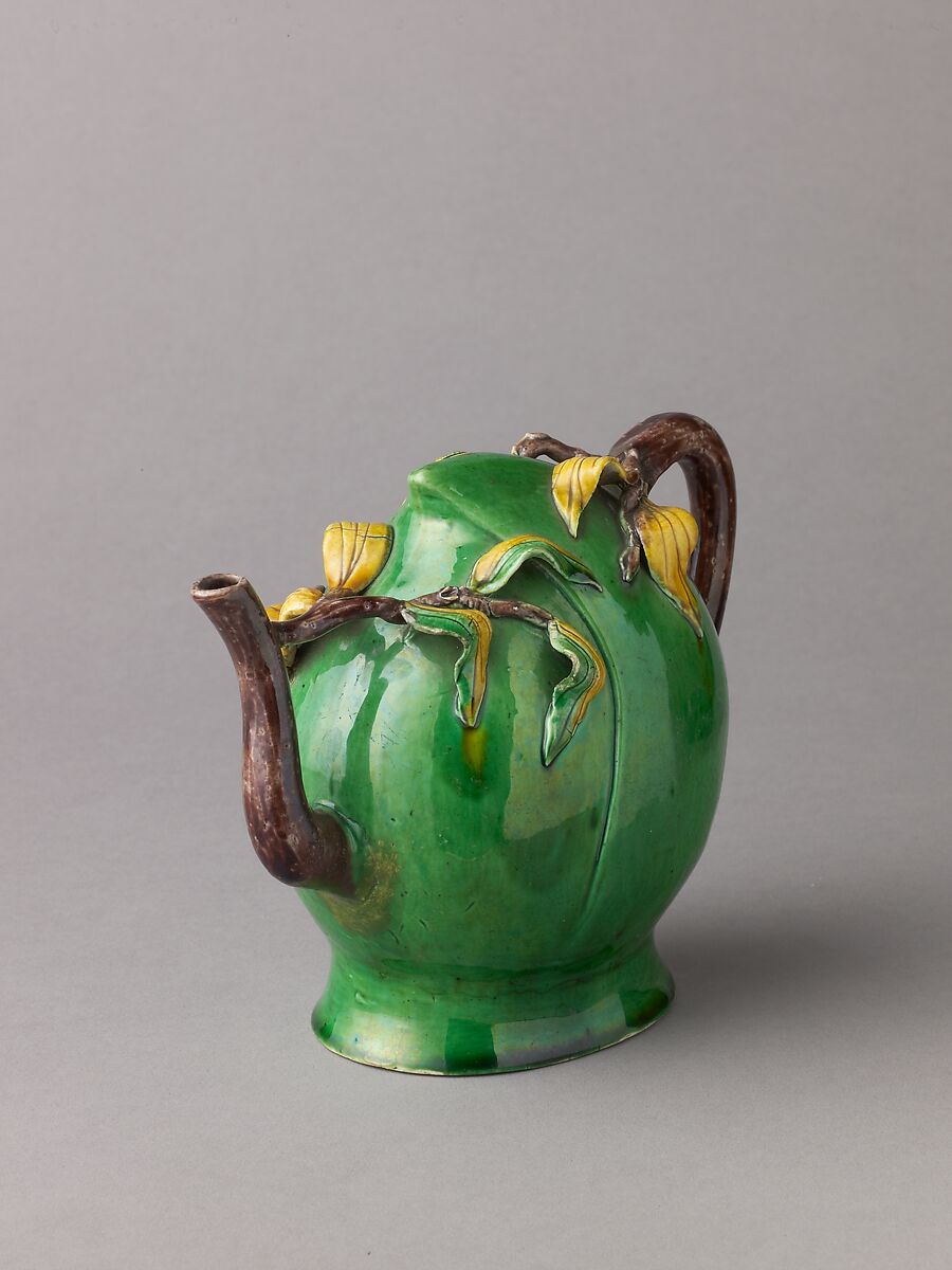 Peach-Shaped Wine Pot or Tea Pot, Chinese  , Qing Dynasty, Later Transitional Period, Porcelain with relief decoration under polychrome glazes., Chinese
