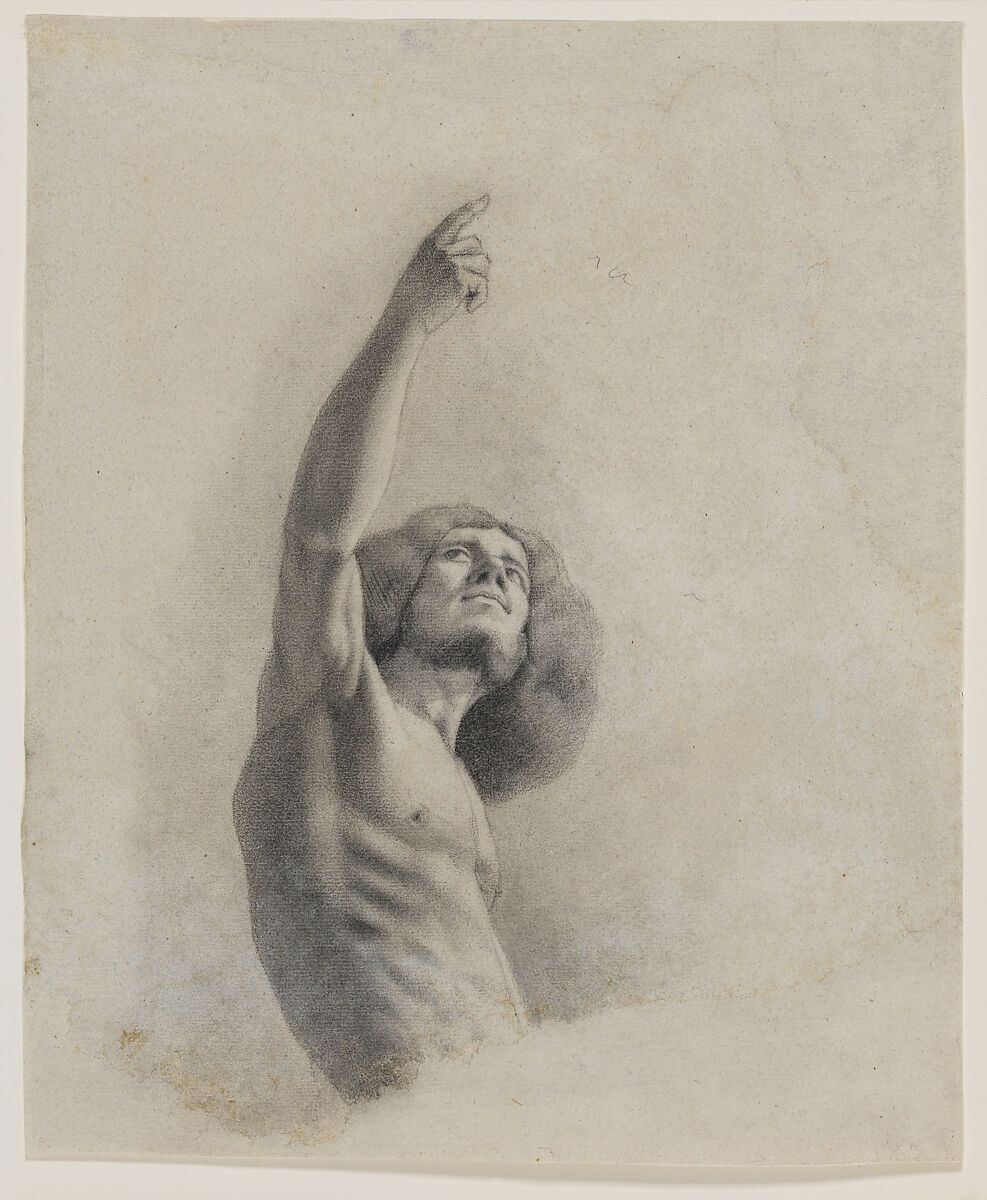 Self-Portrait with Upraised Arm, Gustave Courbet (French, Ornans 1819–1877 La Tour-de-Peilz), Black and white chalk over graphite on papier bleuté, relined. 