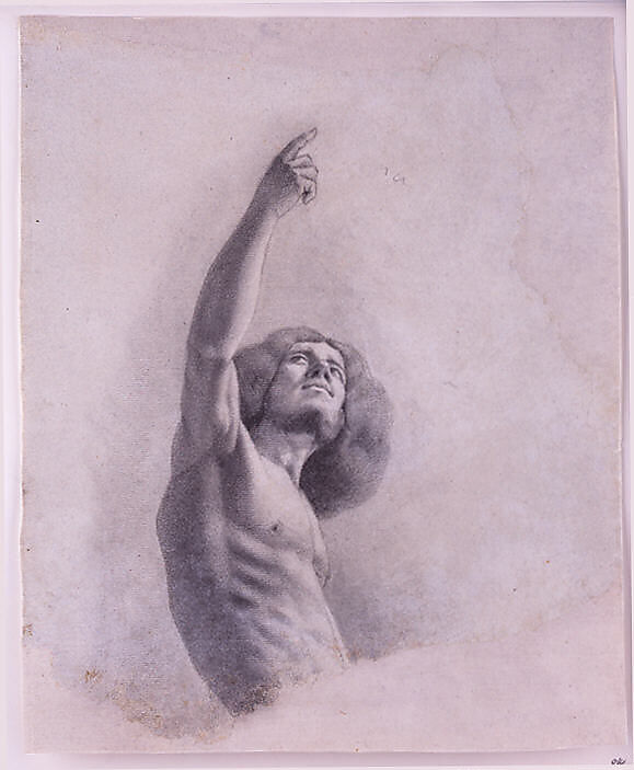 Man with Upraised Arm, Possibly a Self-Portrait, Attributed to Gustave Courbet (French, Ornans 1819–1877 La Tour-de-Peilz), Black and white chalk over graphite on papier bleuté, relined.