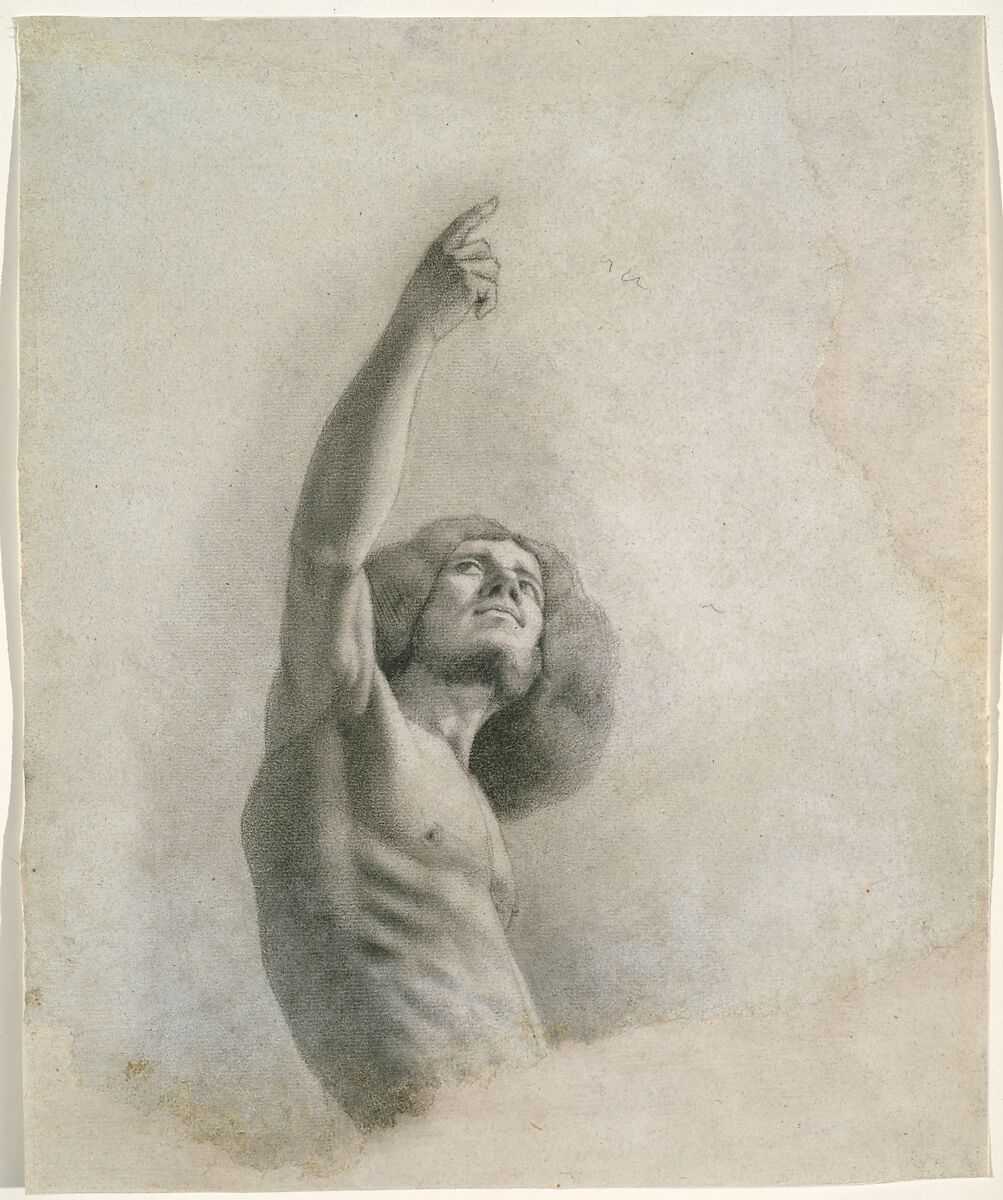 Man with Upraised Arm, Possibly a Self-Portrait, Attributed to Gustave Courbet (French, Ornans 1819–1877 La Tour-de-Peilz), Black and white chalk over graphite on papier bleuté, relined.
