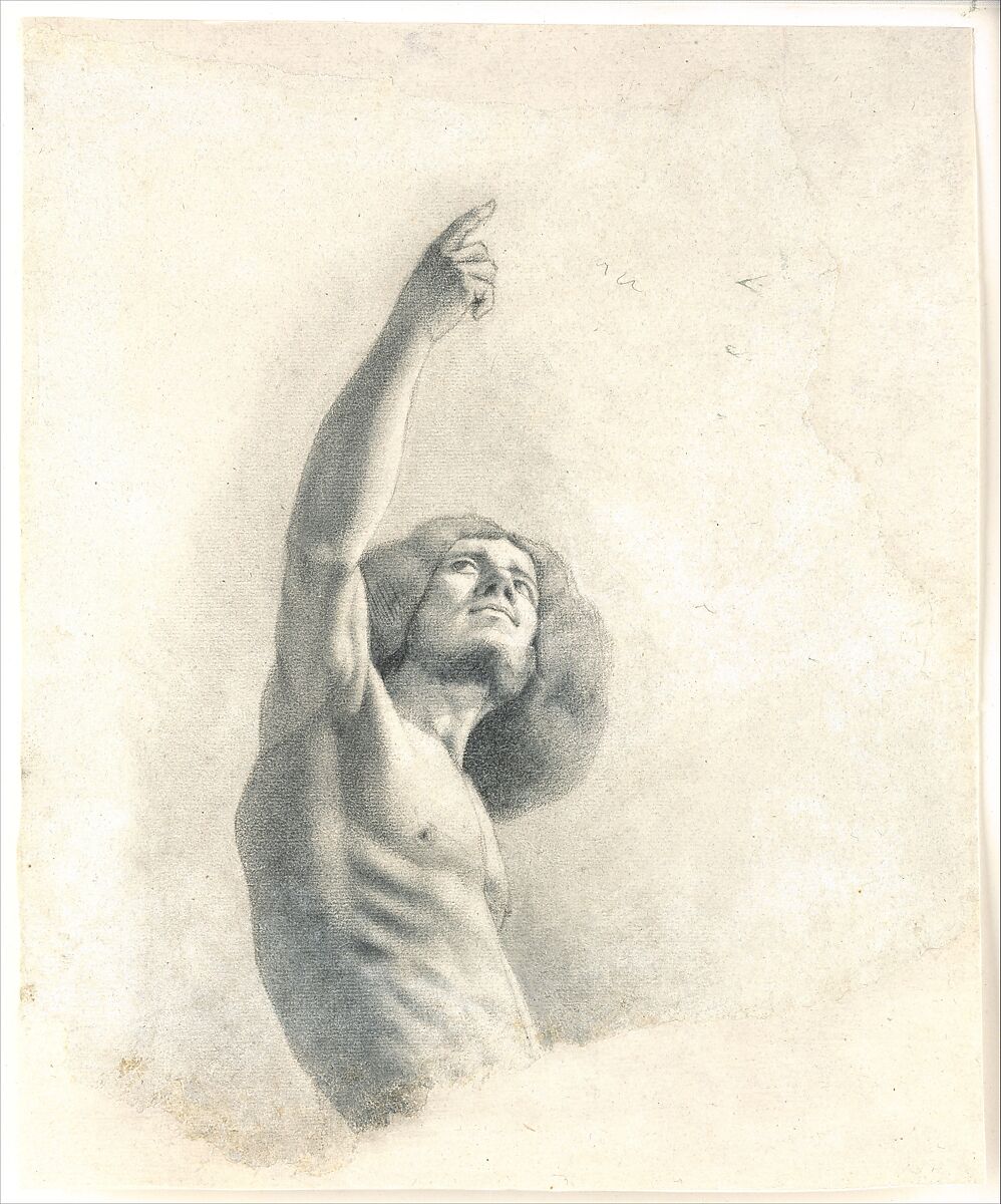 Man with Upraised Arm, Possibly a Self-Portrait, Attributed to Gustave Courbet (French, Ornans 1819–1877 La Tour-de-Peilz), Black and white chalk over graphite on papier bleuté, relined.