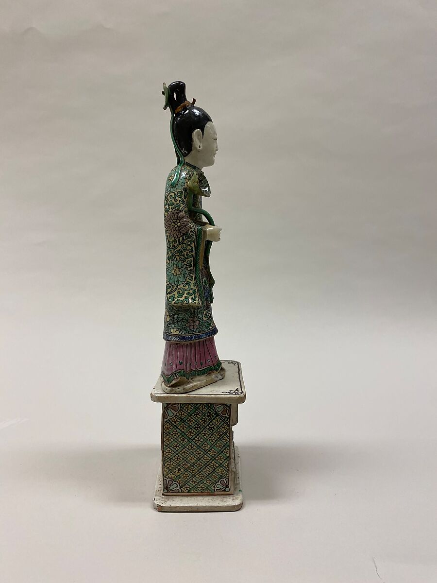 Figure of He Xiangu, one of the Eight Immortals, Biscuit with polychrome enamels (Jingdezhen ware), China