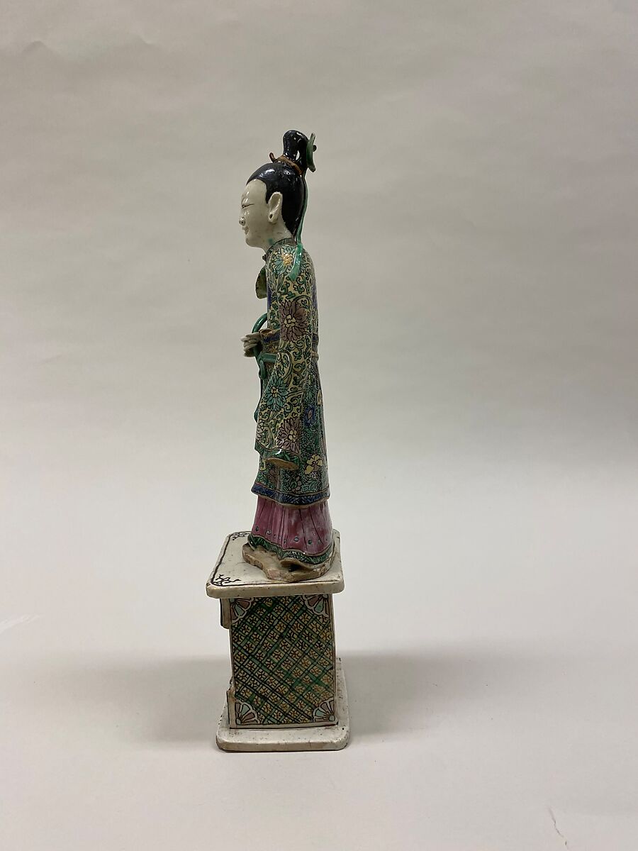 Figure of He Xiangu, one of the Eight Immortals, Biscuit with polychrome enamels (Jingdezhen ware), China