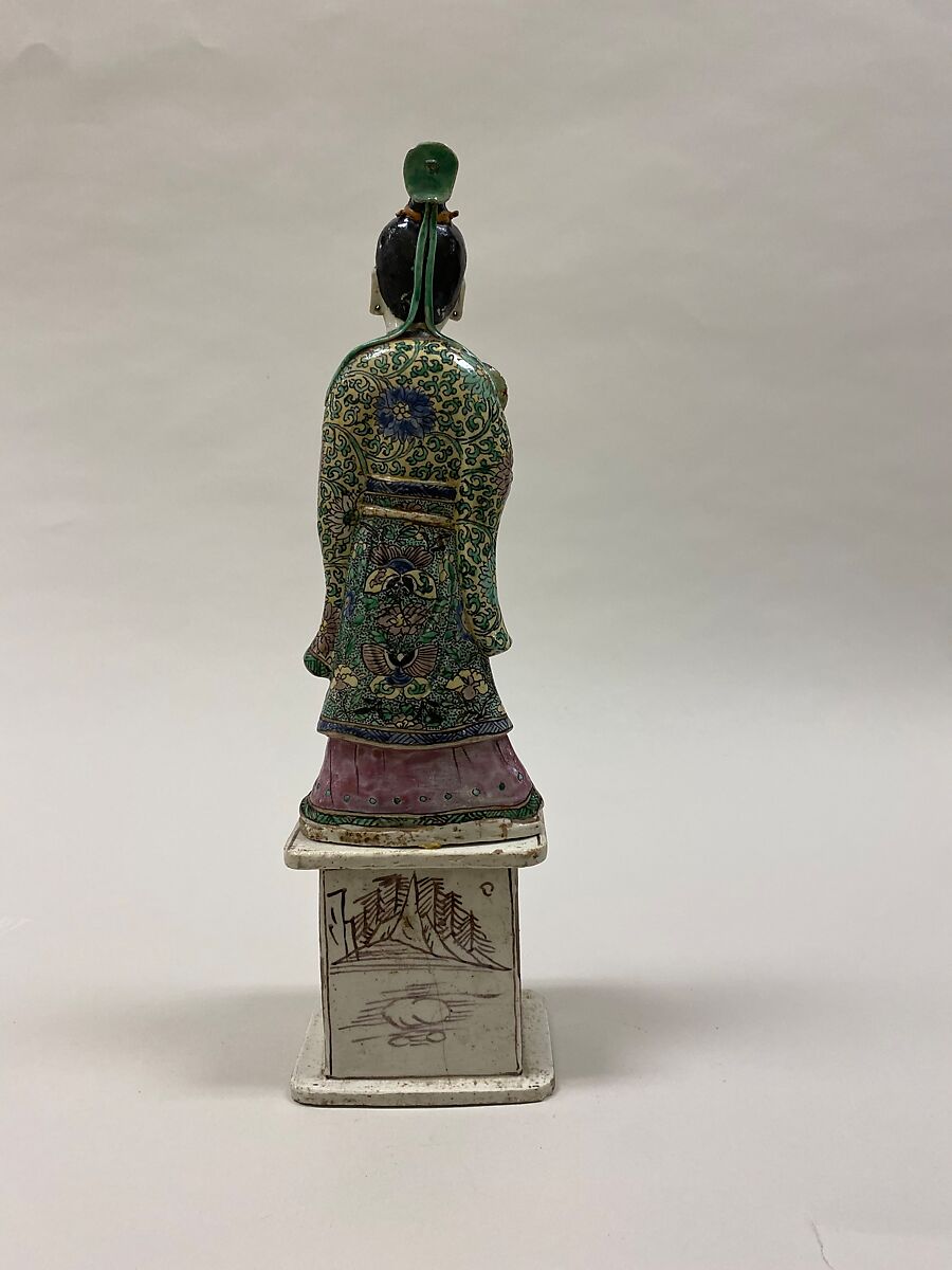 Figure of He Xiangu, one of the Eight Immortals, Biscuit with polychrome enamels (Jingdezhen ware), China