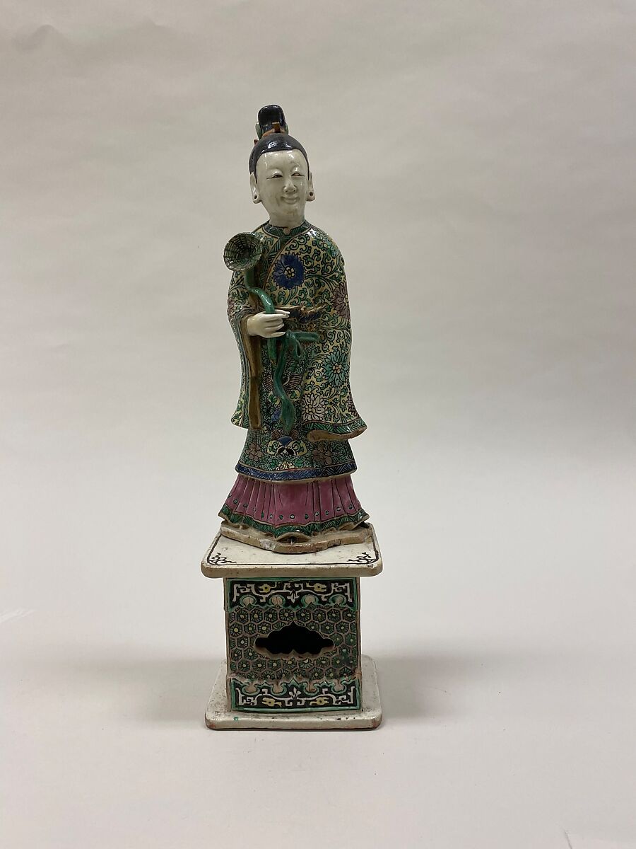 Figure of He Xiangu, one of the Eight Immortals, Biscuit with polychrome enamels (Jingdezhen ware), China 