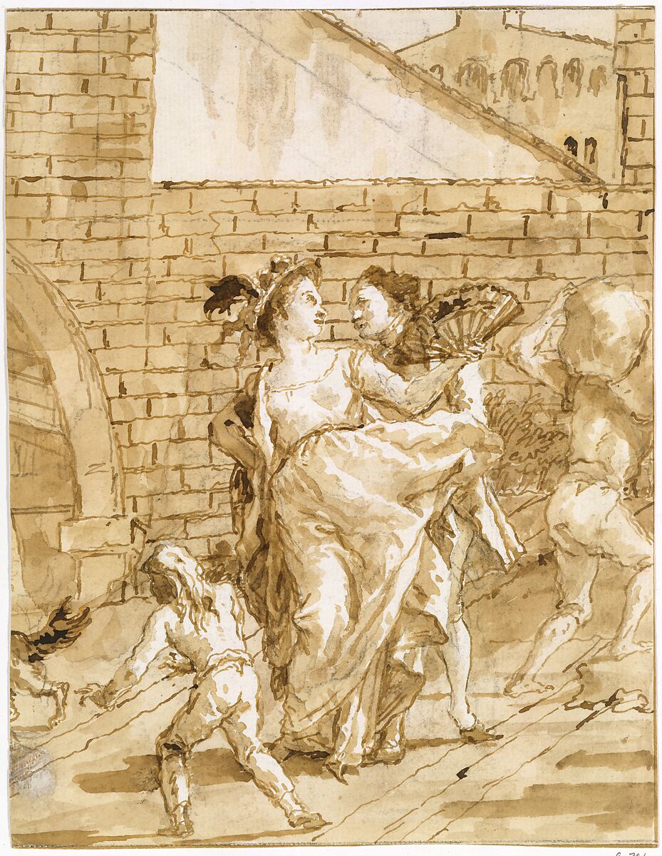 A Flirtation, Giovanni Domenico Tiepolo (Italian, Venice 1727–1804 Venice), Pen and brown ink, brown wash, over black chalk 