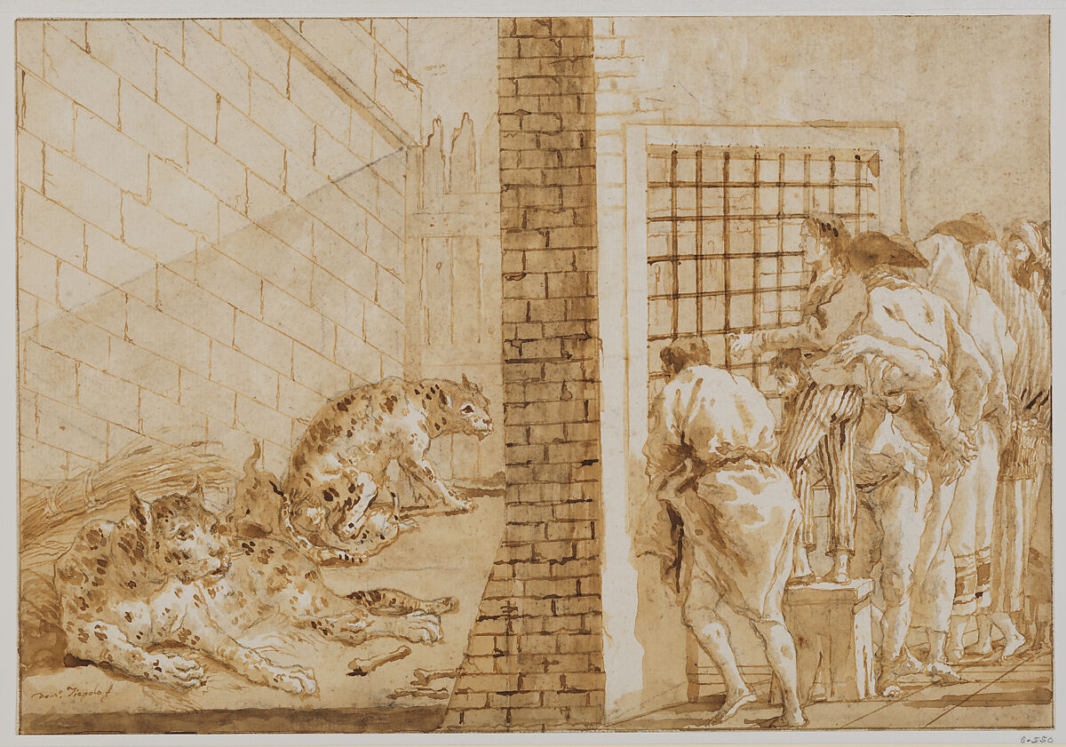 The Leopards' Cage at the Menagerie, Giovanni Domenico Tiepolo (Italian, Venice 1727–1804 Venice), Pen and brown ink, brown wash, over black chalk 