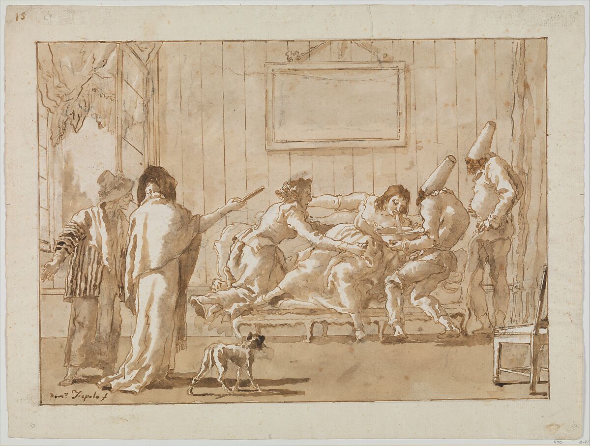 Punchinello's Mother (?) Sick in Pregnancy, Giovanni Domenico Tiepolo (Italian, Venice 1727–1804 Venice), Pen and brown ink, brown wash, over black chalk 