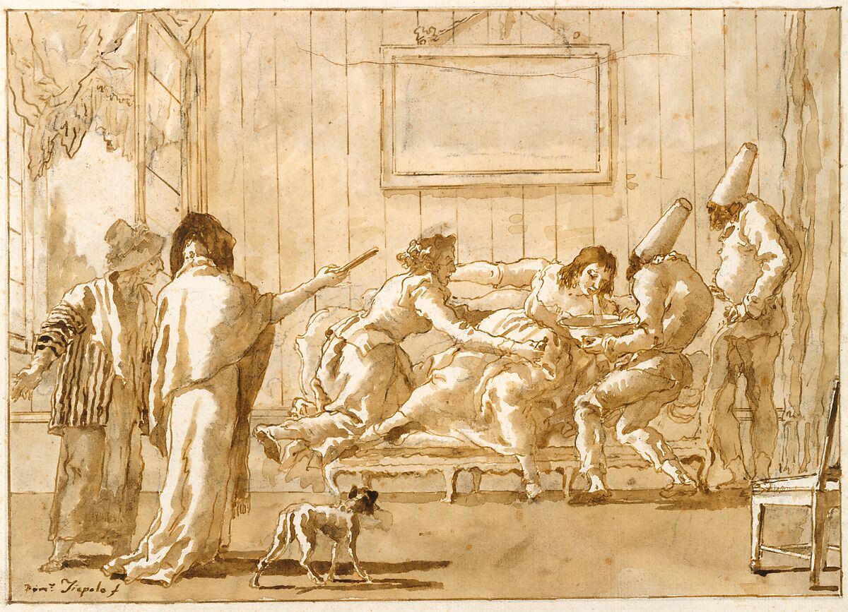Punchinello's Mother (?) Sick in Pregnancy, Giovanni Domenico Tiepolo (Italian, Venice 1727–1804 Venice), Pen and brown ink, brown wash, over black chalk