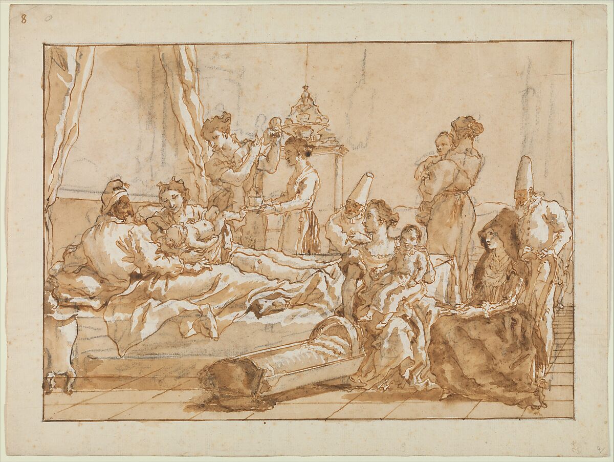 The Infant Punchinello in Bed with His Parents, Giovanni Domenico Tiepolo (Italian, Venice 1727–1804 Venice), Pen and brown ink, two shades of brown wash, over black chalk 