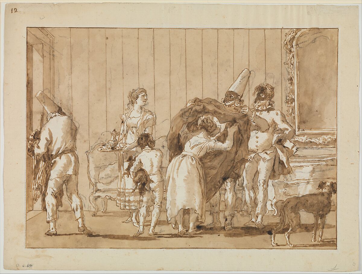 Punchinello as a Dressmaker, Giovanni Domenico Tiepolo (Italian, Venice 1727–1804 Venice), Pen and brown ink, brown wash, over black chalk 