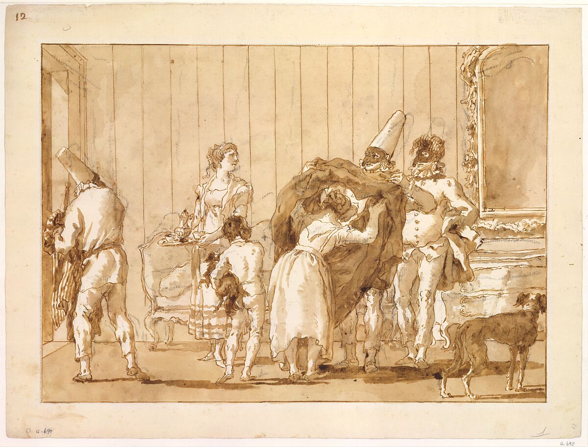 Punchinello as a Dressmaker, Giovanni Domenico Tiepolo (Italian, Venice 1727–1804 Venice), Pen and brown ink, brown wash, over black chalk