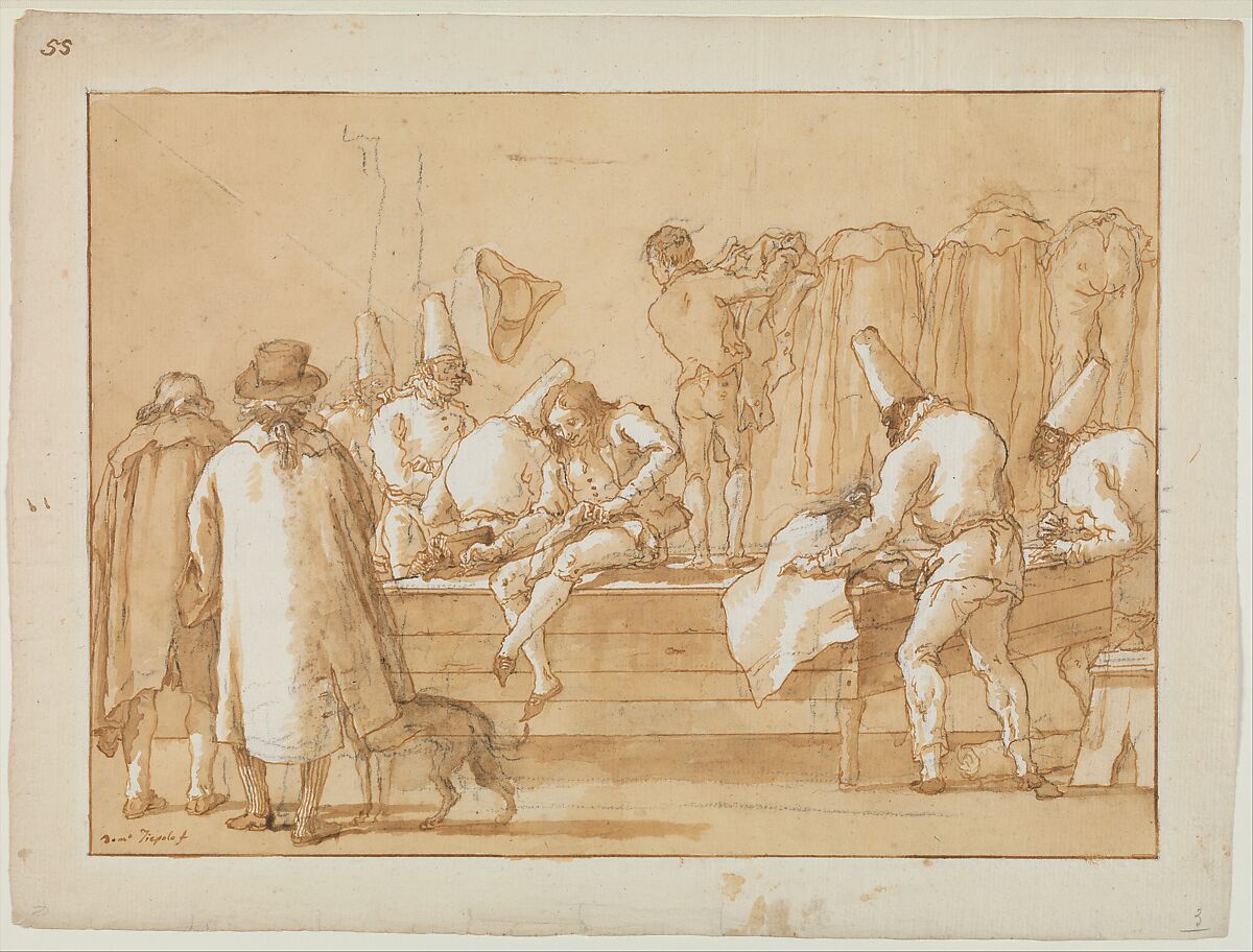 Punchinello as Tailor's Assistant, Giovanni Domenico Tiepolo (Italian, Venice 1727–1804 Venice), Pen and brown ink, light brown wash, over black chalk 