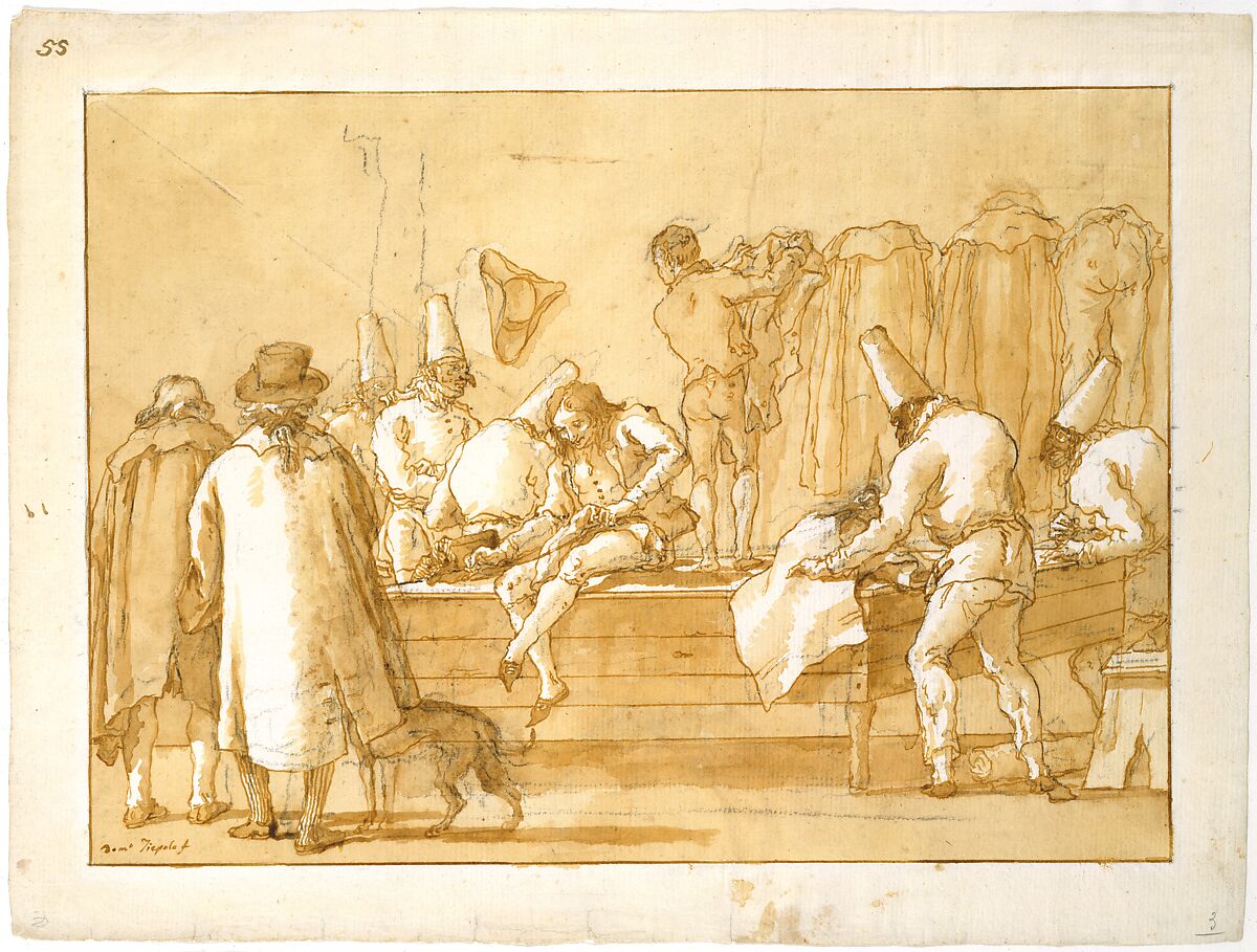 Punchinello as Tailor's Assistant, Giovanni Domenico Tiepolo (Italian, Venice 1727–1804 Venice), Pen and brown ink, light brown wash, over black chalk