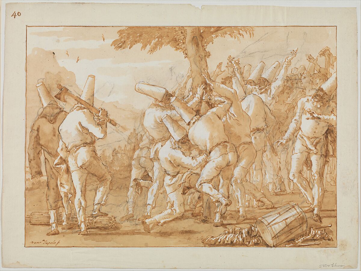 Punchinellos Felling (or Planting) a Tree, Giovanni Domenico Tiepolo (Italian, Venice 1727–1804 Venice), Pen and brown ink, brown wash, over rough black chalk 