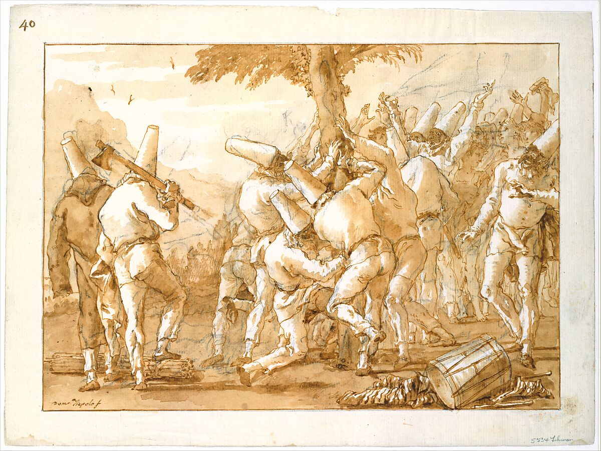 Punchinellos Felling (or Planting) a Tree, Giovanni Domenico Tiepolo (Italian, Venice 1727–1804 Venice), Pen and brown ink, brown wash, over rough black chalk