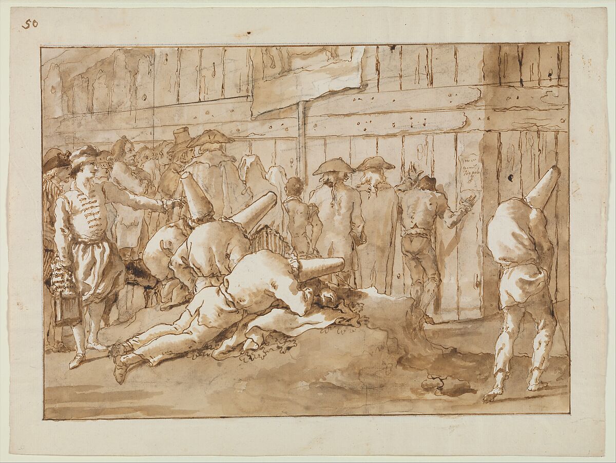 Punchinellos Outside a Circus, Giovanni Domenico Tiepolo (Italian, Venice 1727–1804 Venice), Pen and brown ink, brown wash, over black chalk 