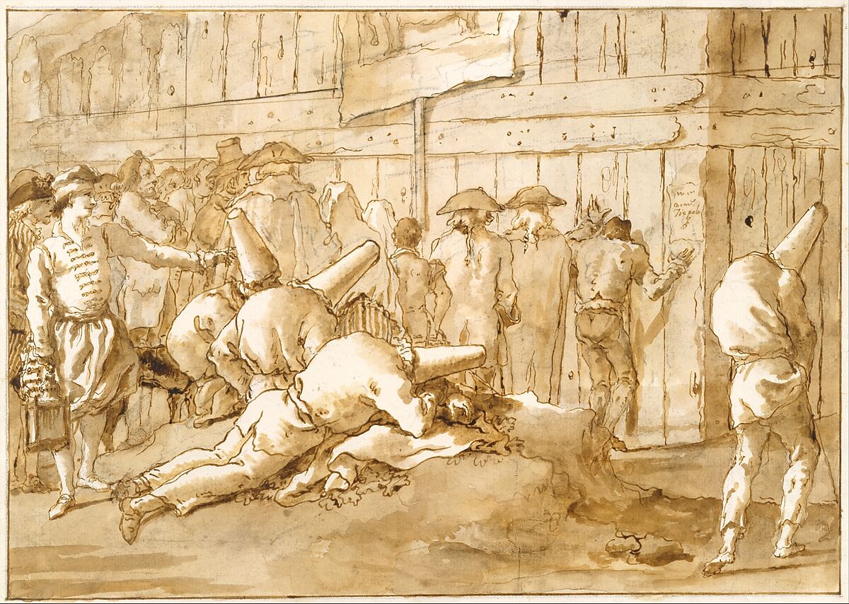 Punchinellos Outside a Circus, Giovanni Domenico Tiepolo (Italian, Venice 1727–1804 Venice), Pen and brown ink, brown wash, over black chalk