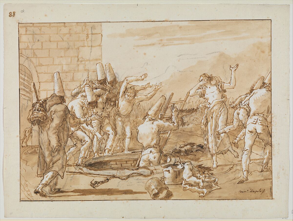 Punchinello Retrieving Dead Fowls from a Well, Giovanni Domenico Tiepolo (Italian, Venice 1727–1804 Venice), Pen and brown ink, brown wash, over black chalk 