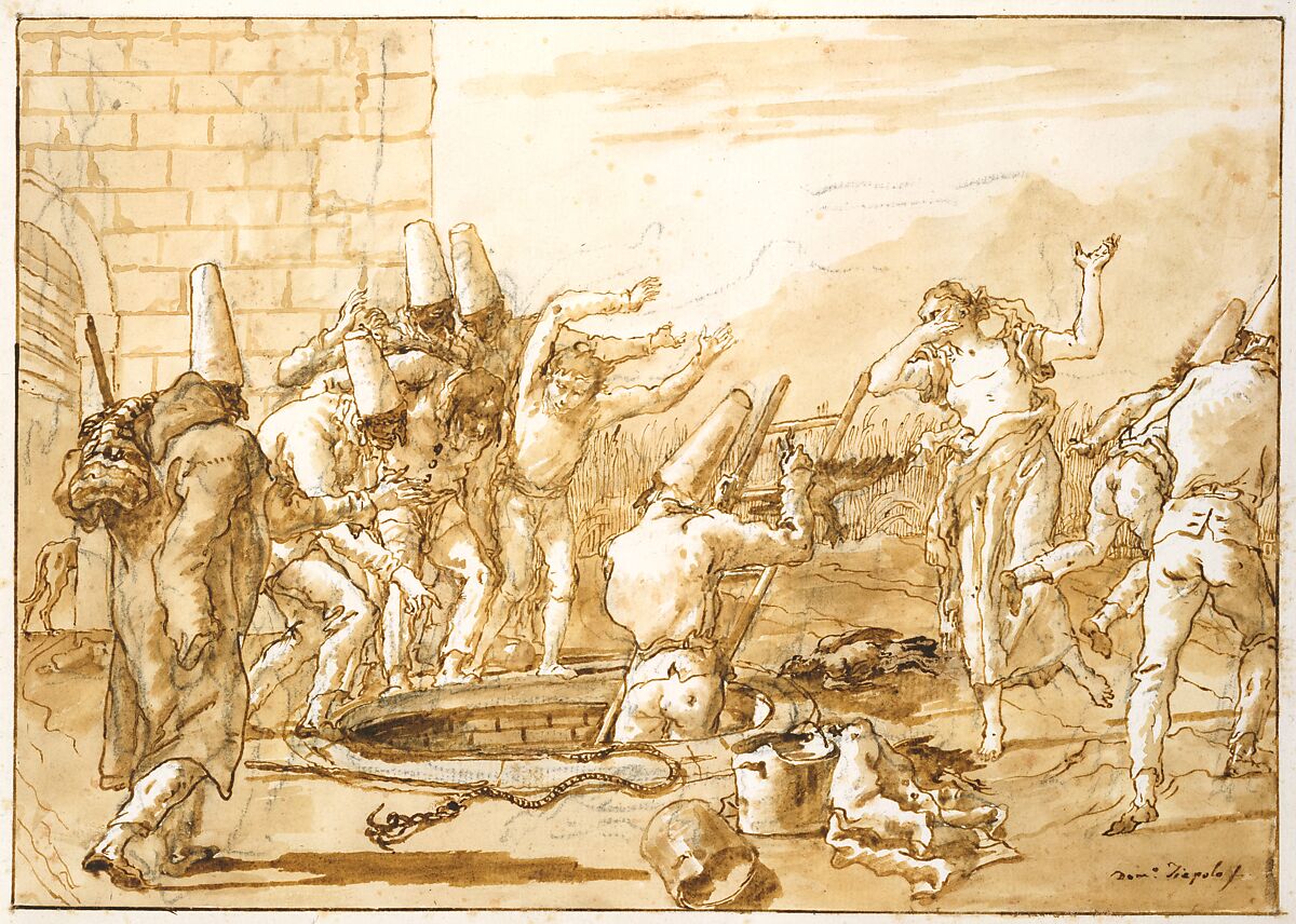 Punchinello Retrieving Dead Fowls from a Well, Giovanni Domenico Tiepolo (Italian, Venice 1727–1804 Venice), Pen and brown ink, brown wash, over black chalk