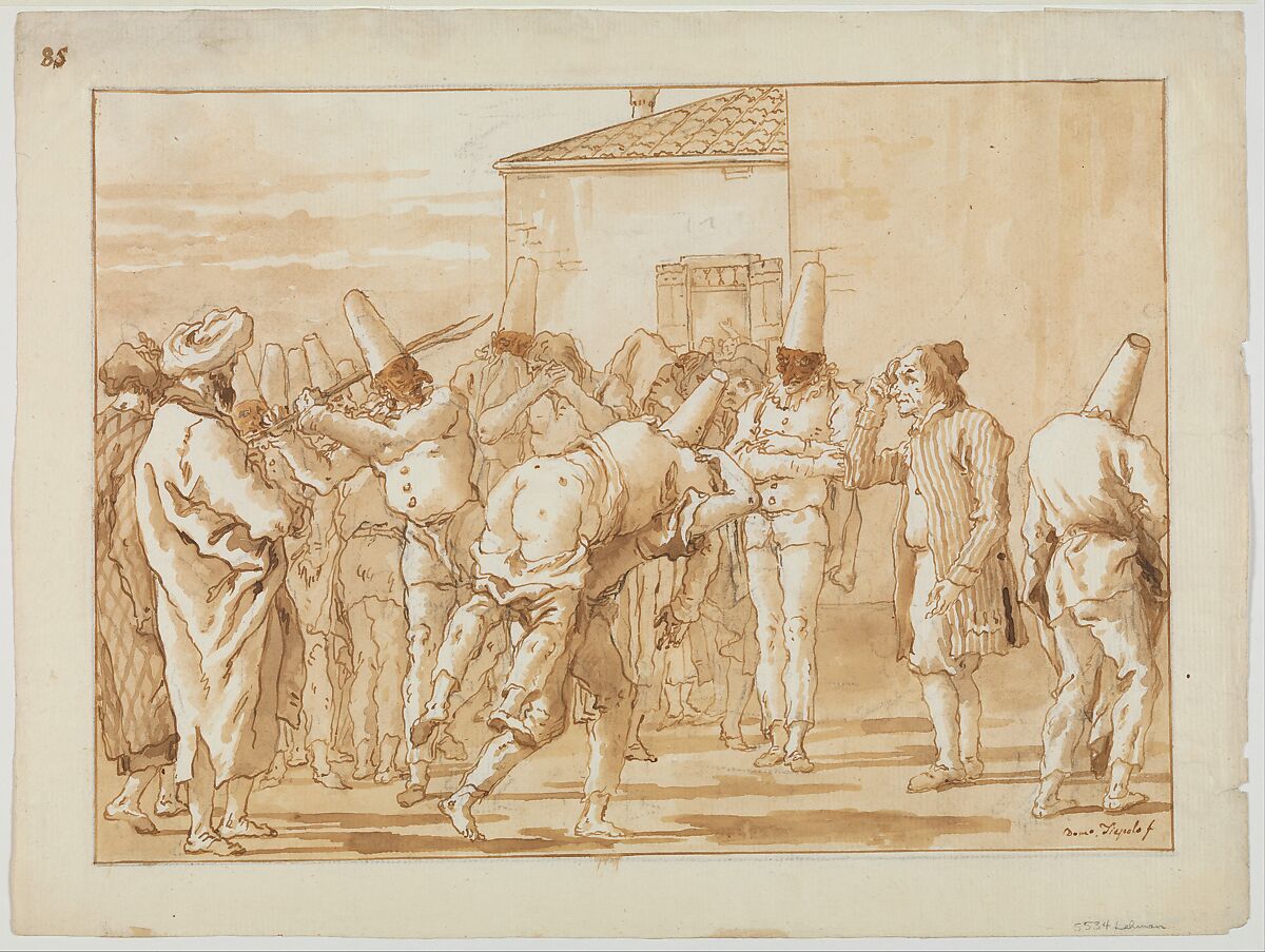 The Flogging of Punchinello, Giovanni Domenico Tiepolo (Italian, Venice 1727–1804 Venice), Pen and brown ink, brown wash, over black chalk 