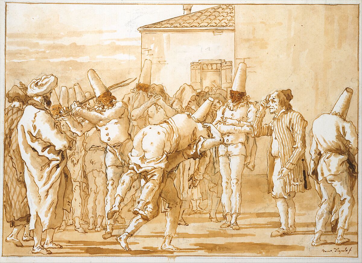 The Flogging of Punchinello, Giovanni Domenico Tiepolo (Italian, Venice 1727–1804 Venice), Pen and brown ink, brown wash, over black chalk