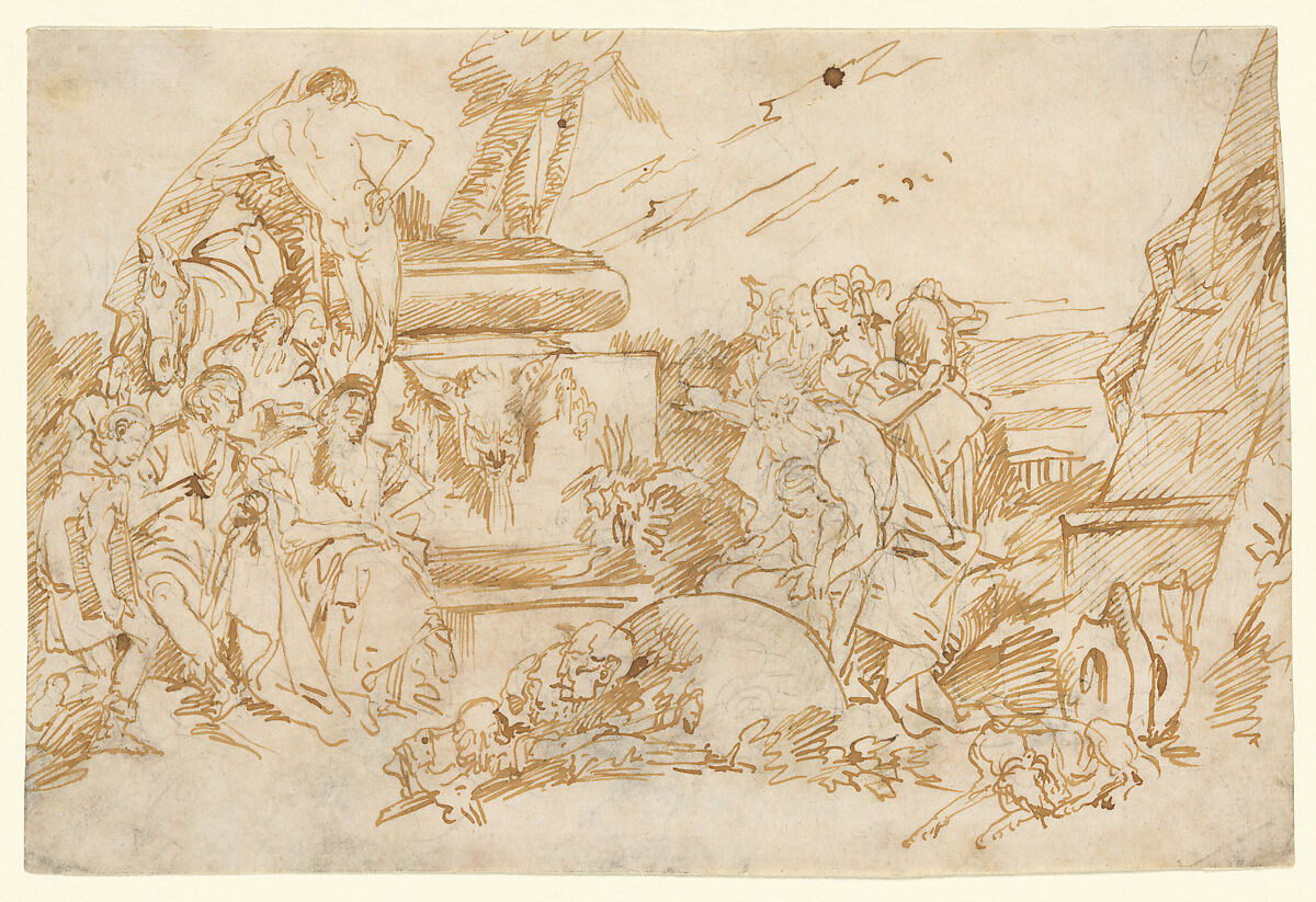 Figures in Antique Dress Grouped About a Pagan Tomb, Lorenzo Baldiserra Tiepolo (Venice 1736–Madrid 1776), Pen and brown ink, over rough black chalk 