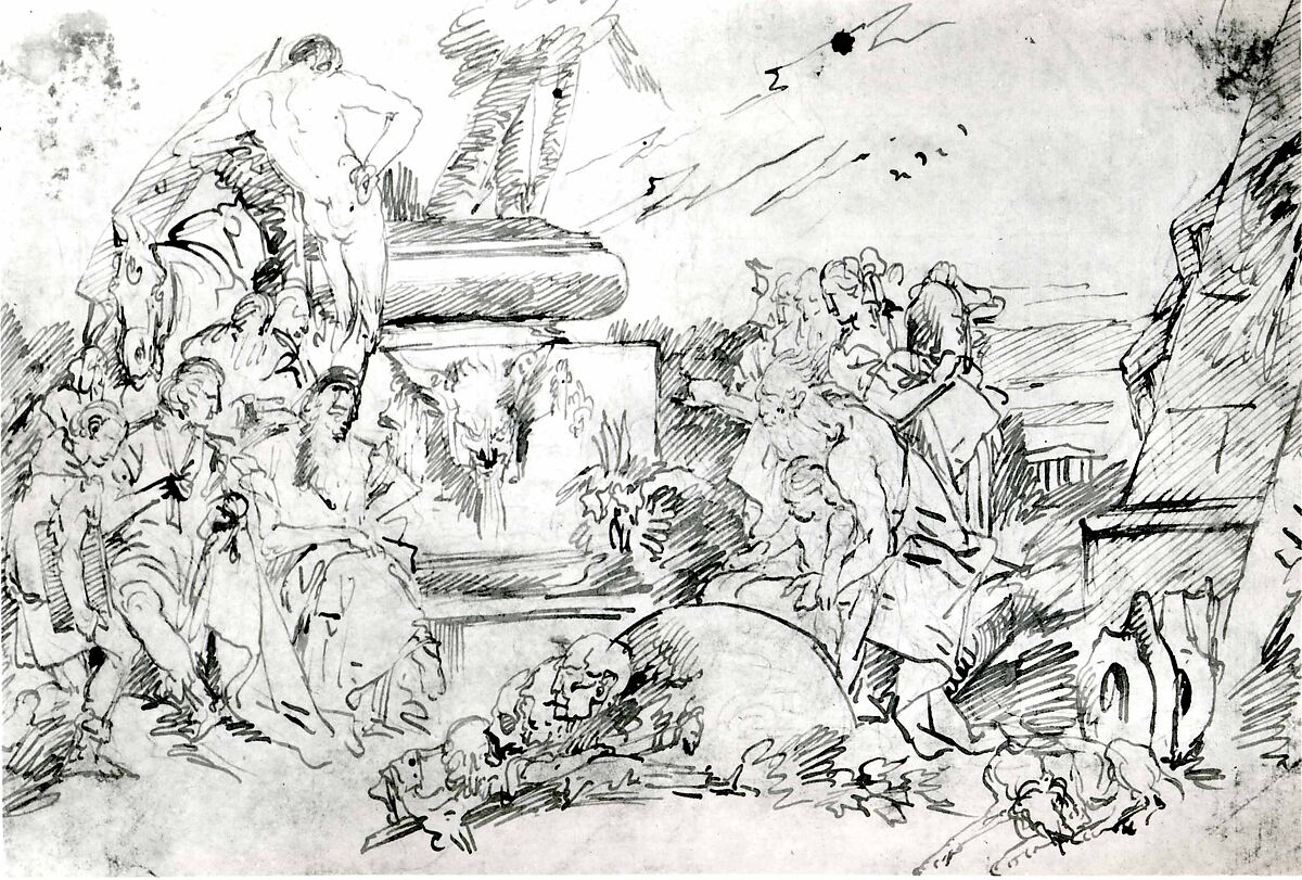 Figures in Antique Dress Grouped About a Pagan Tomb, Lorenzo Baldiserra Tiepolo (Venice 1736–Madrid 1776), Pen and brown ink, over rough black chalk