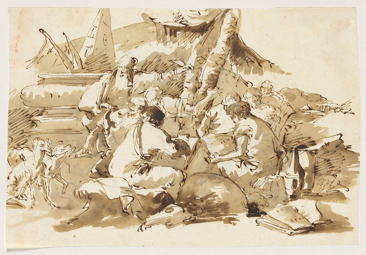 Philosophers Instructing Pupils by an Antique Sarcophagus, Lorenzo Baldiserra Tiepolo (Venice 1736–Madrid 1776), Pen and brown ink, brown wash, over black chalk 