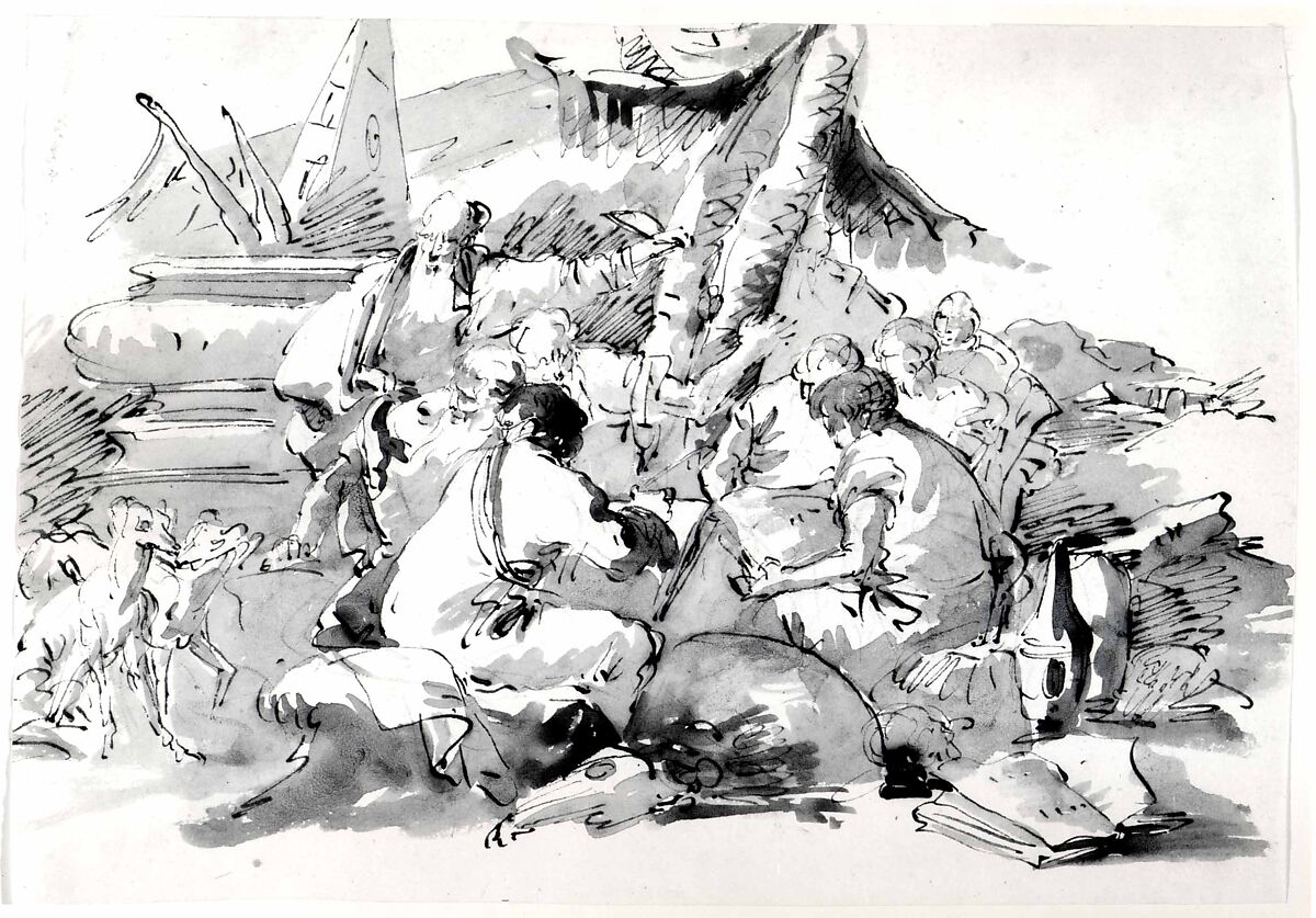 Philosophers Instructing Pupils by an Antique Sarcophagus, Lorenzo Baldiserra Tiepolo (Venice 1736–Madrid 1776), Pen and brown ink, brown wash, over black chalk