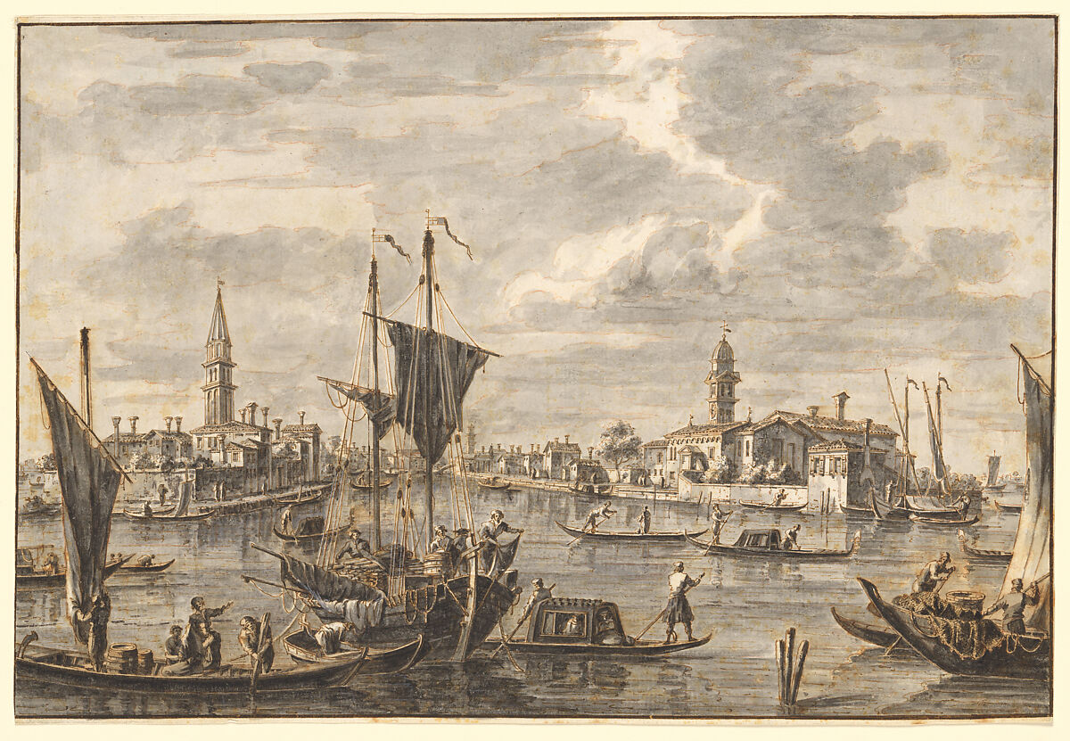 View of Mazzorbo, Francesco Tironi (Venice ca. 1745–1797), Pen and brown ink, gray wash 