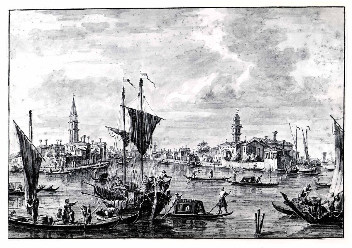 View of Mazzorbo, Francesco Tironi (Venice ca. 1745–1797), Pen and brown ink, gray wash