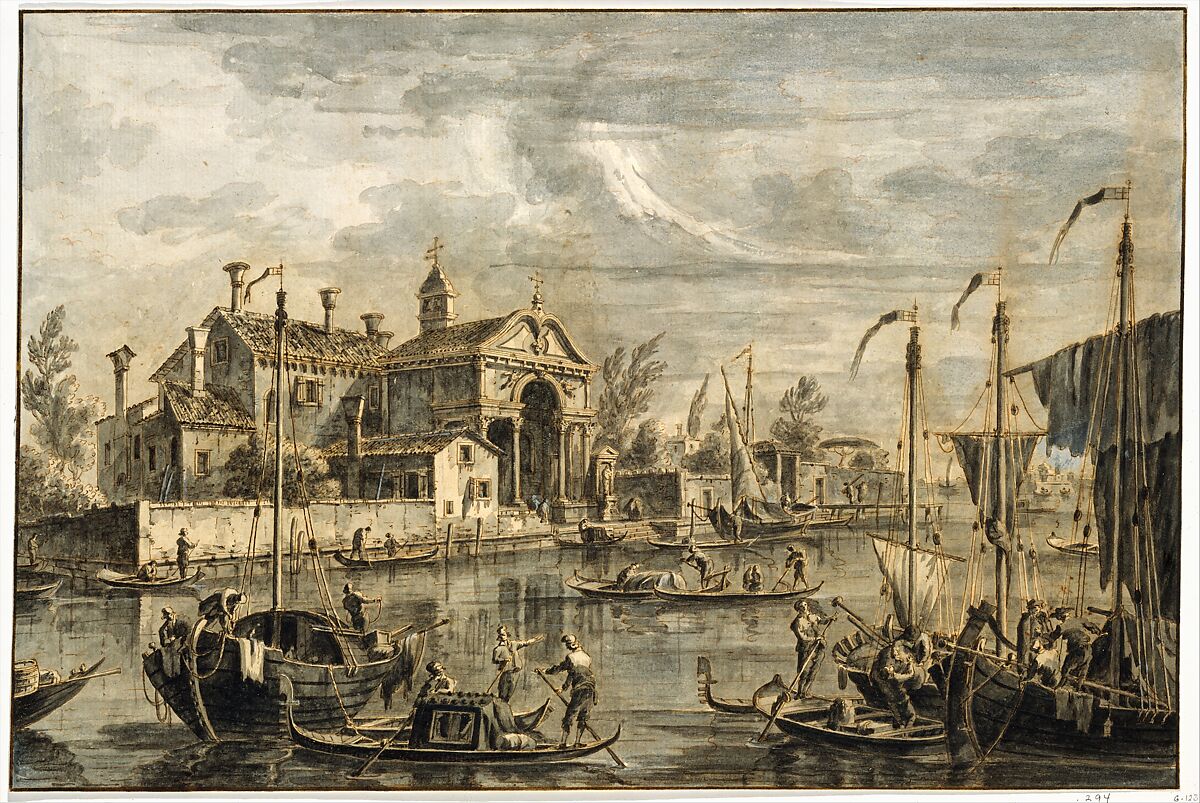 View of the Island of San Giacomo in Paludo, Francesco Tironi (Venice ca. 1745–1797), Pen and brown ink, gray wash 